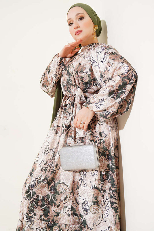 Ethnic Patterned Belted Satin Dress Green