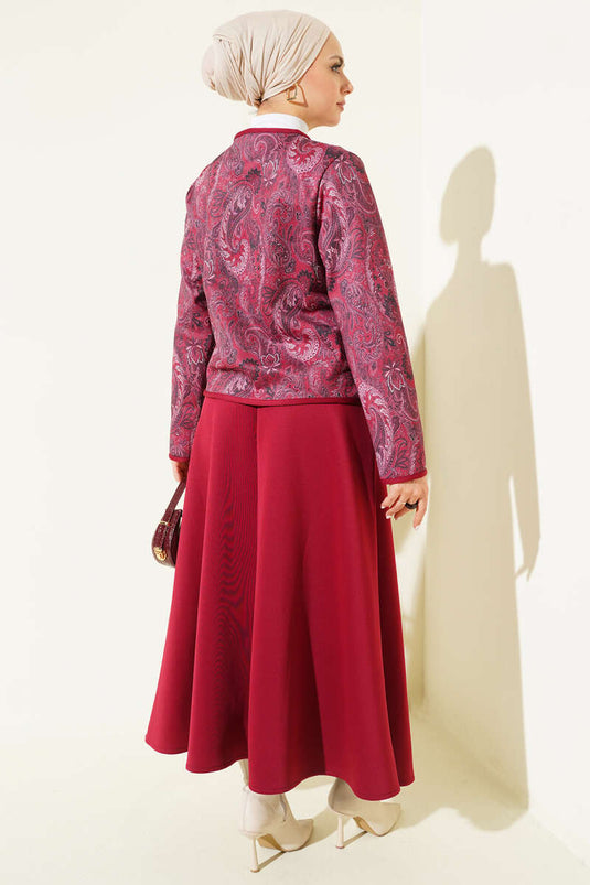 Ethnic Patterned Scuba Skirt and Two-Piece Set in Burgundy