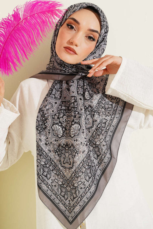 Ethnic Patterned Scarf with Stripe Detail Stone Gray