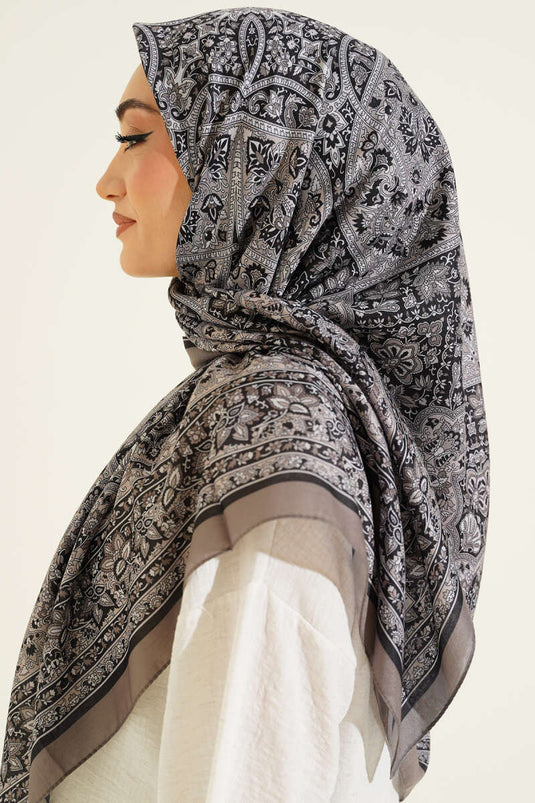 Ethnic Patterned Scarf with Stripe Detail Stone Gray