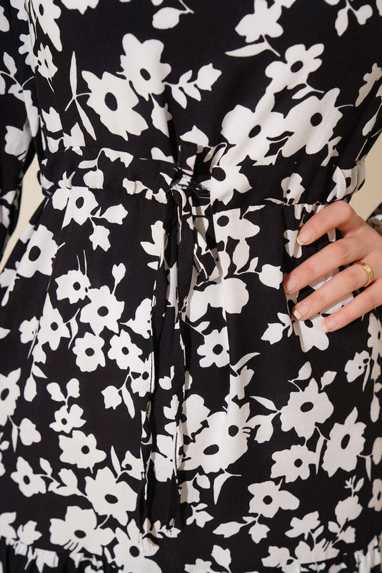 Etnik Desenli Tünelli Elbise Siyah