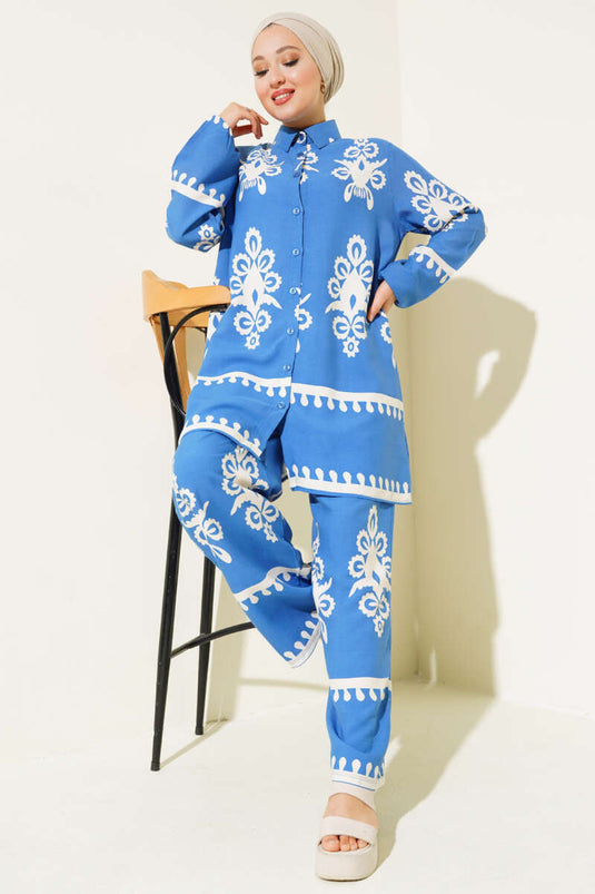 Etnik Desenli Viskon İkili Takım Mavi