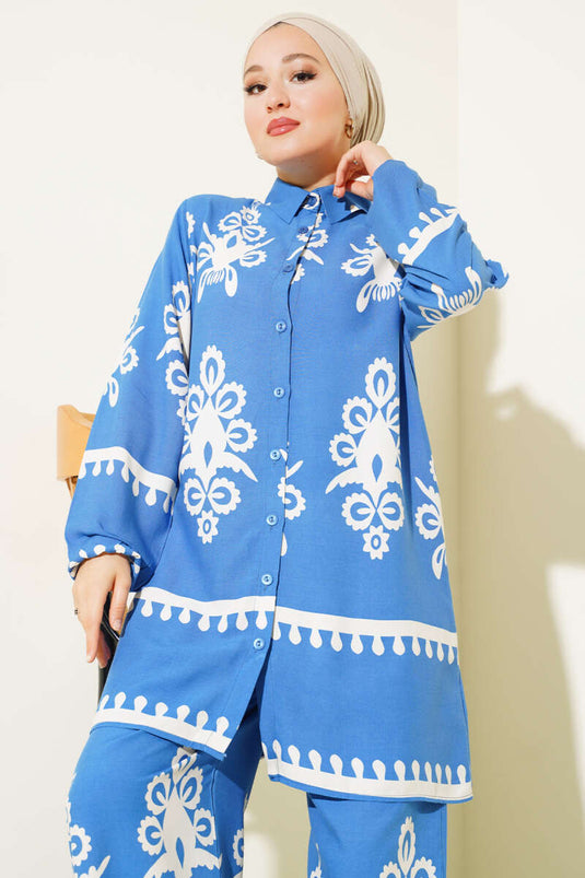Etnik Desenli Viskon İkili Takım Mavi