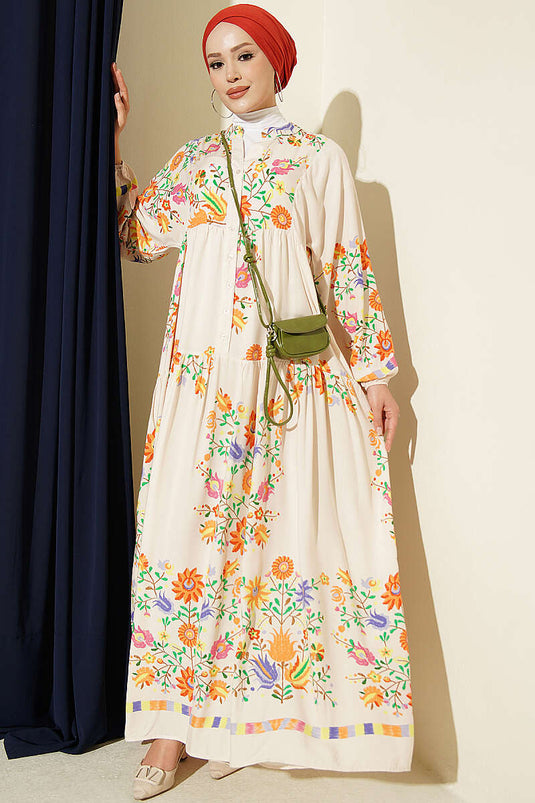Robe Étnique À Moitié Boutonnée Beige