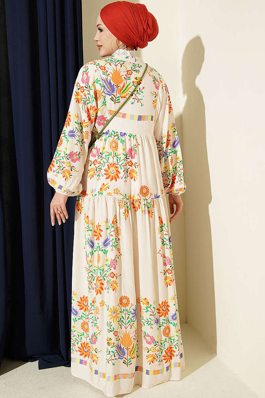 Robe Étnique À Moitié Boutonnée Beige