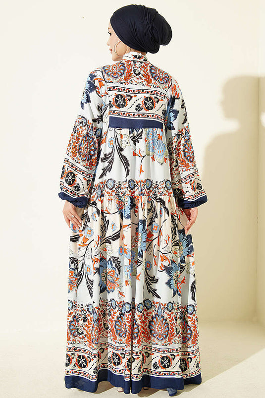 Robe Ethnique À Moitié Boutonnée Marine