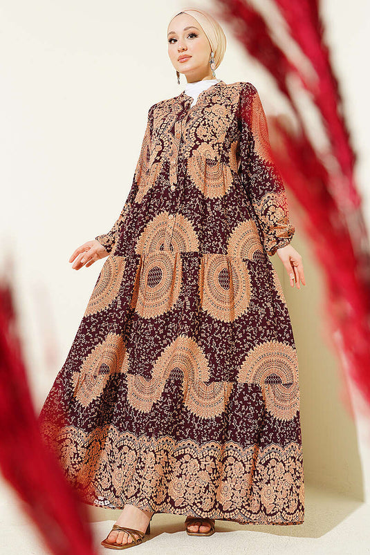 Robe Col Ethnique Motif Bordeaux