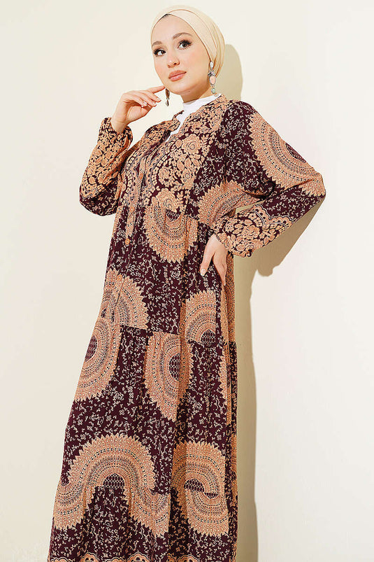 Robe Col Ethnique Motif Bordeaux