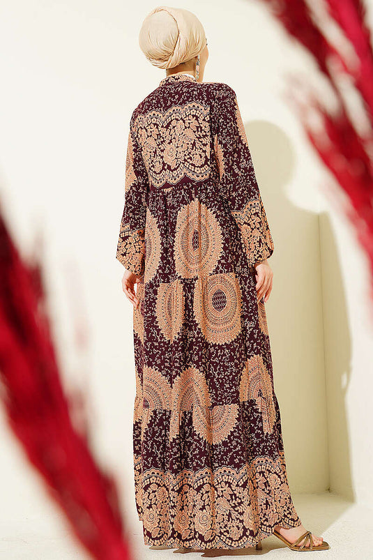 Robe Col Ethnique Motif Bordeaux