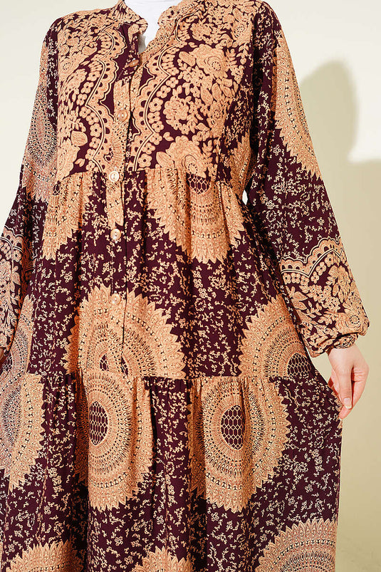 Robe Col Ethnique Motif Bordeaux