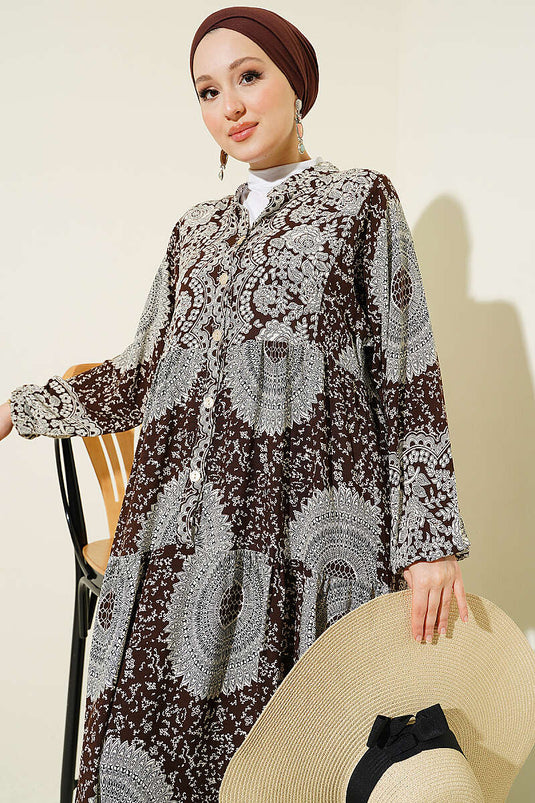 Robe à col mao motif ethnique couleur café