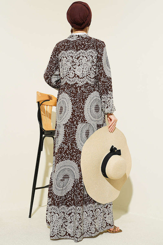 Robe à col mao motif ethnique couleur café