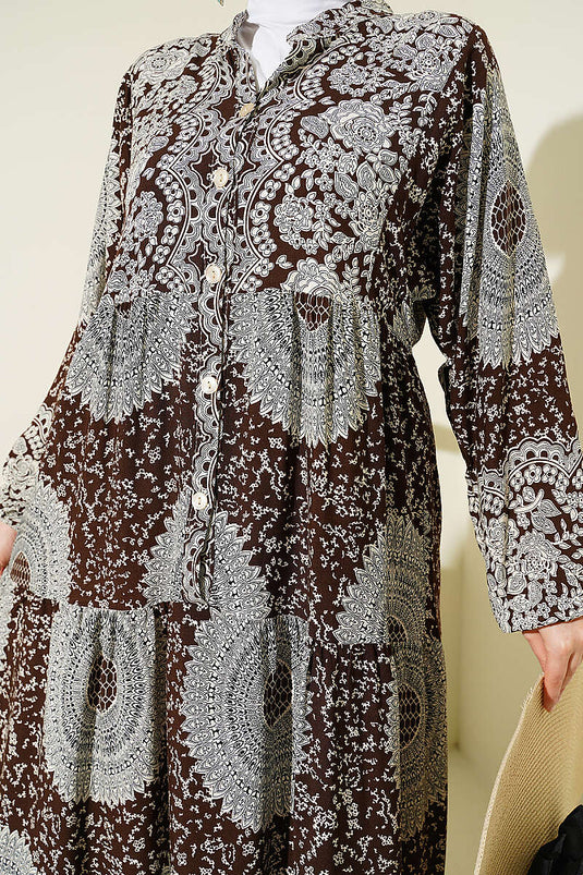 Robe à col mao motif ethnique couleur café