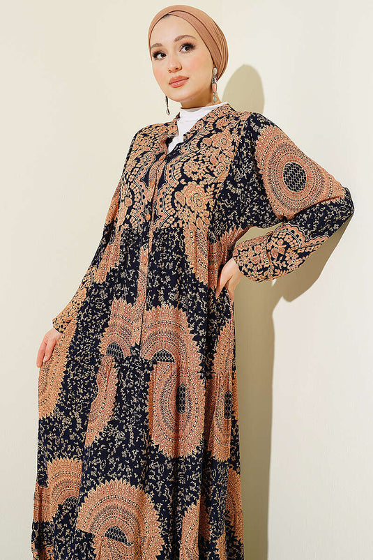 Robe à col mao avec motif ethnique bleu marine