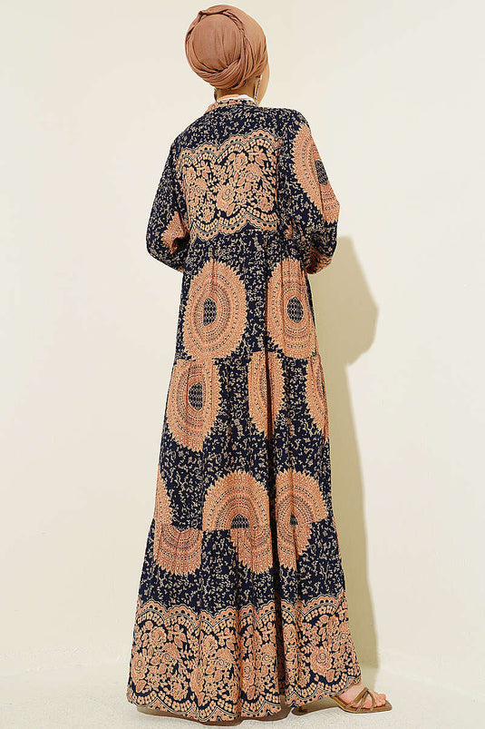 Robe à col mao avec motif ethnique bleu marine