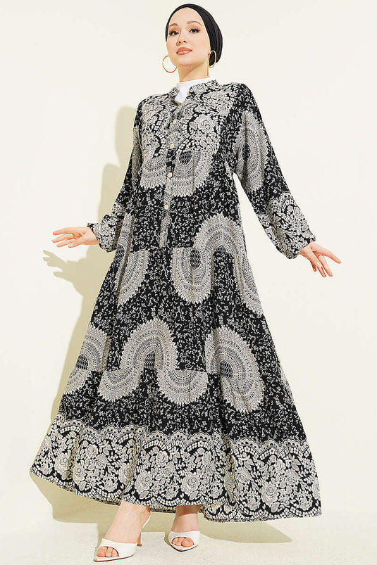 Etnik Motif Desen Hakim Yaka Elbise Siyah