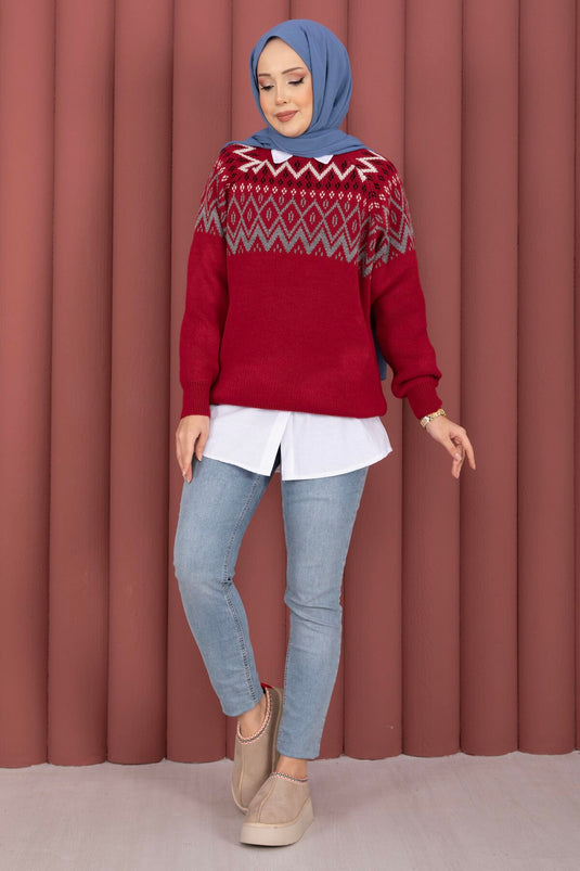 Etnik Motifli Salaş Triko Kazak Kırmızı