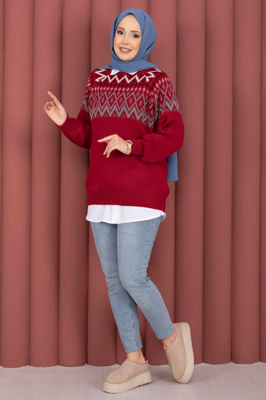 Etnik Motifli Salaş Triko Kazak Kırmızı