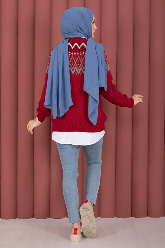 Etnik Motifli Salaş Triko Kazak Kırmızı