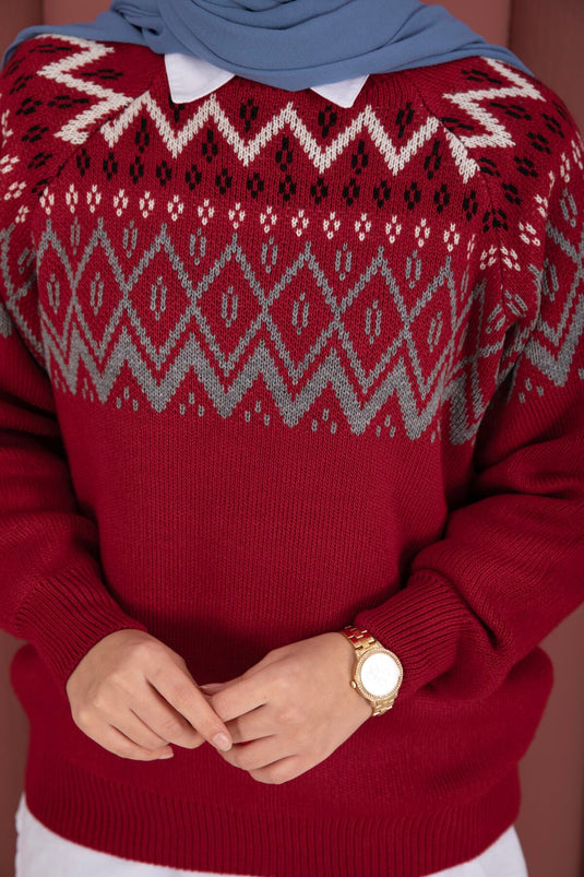 Etnik Motifli Salaş Triko Kazak Kırmızı