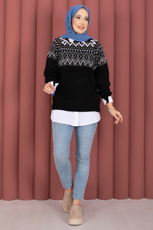 Pull en tricot ample à motif ethnique noir