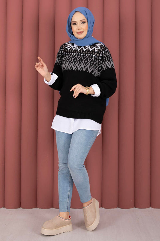 Etnik Motifli Salaş Triko Kazak Siyah