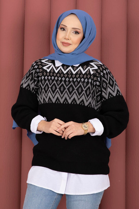 Etnik Motifli Salaş Triko Kazak Siyah