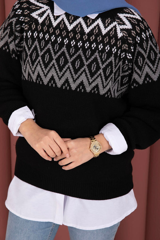 Pull en tricot ample à motif ethnique noir