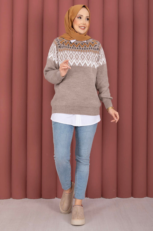 Etnik Motifli Salaş Triko Kazak Vizon