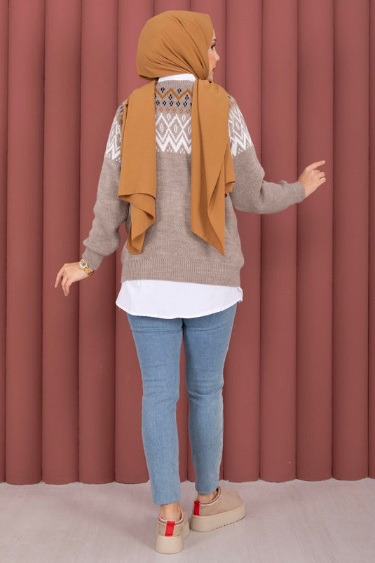 Etnisches Muster Lässiger Strickpullover Vizon