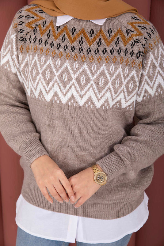 Etnisches Muster Lässiger Strickpullover Vizon