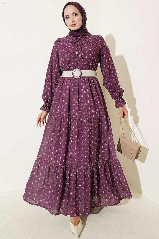 Robe En Chiffon Fleuri À Volants Et Col Montant Mauve