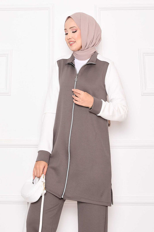 بدلة رياضية من قطعتين بسحاب ومزخرفة بلون المنك الداكن