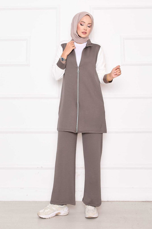 Combinaison de sport deux pièces zippée et garnie Vison foncé