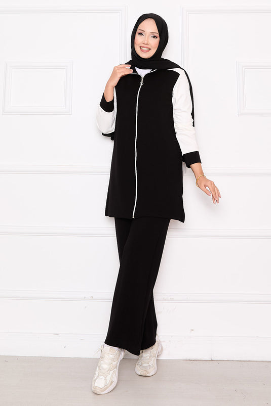 بدلة رياضية سوداء مكونة من قطعتين بسحاب ومزينة