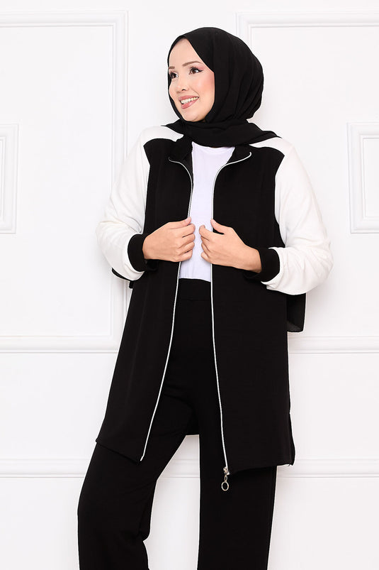 بدلة رياضية سوداء مكونة من قطعتين بسحاب ومزينة