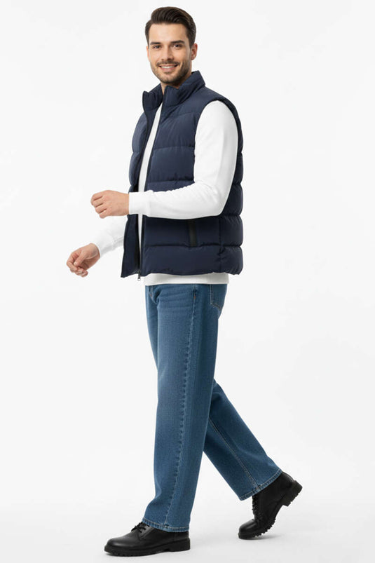 سترة رجالية مبطنة بسحاب وجيوب باللون الأزرق الداكن