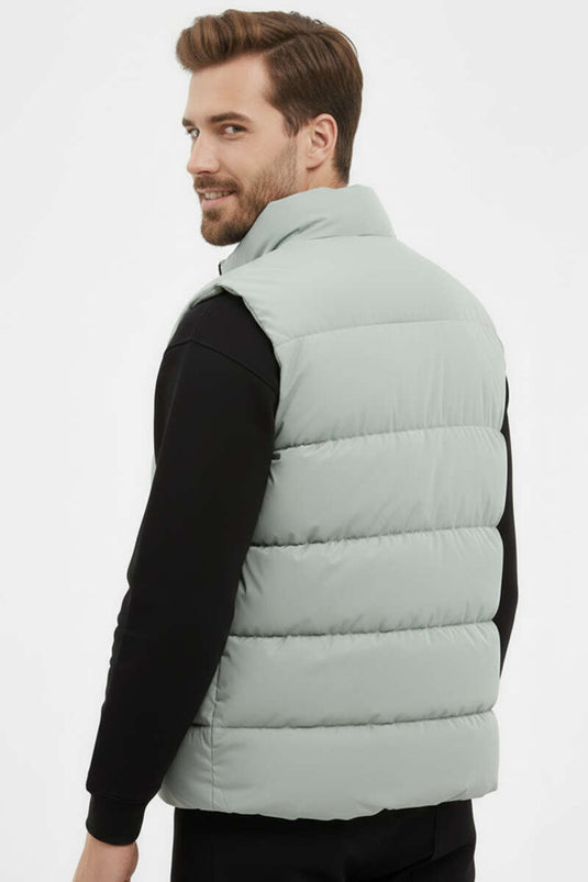 Zipper Pocketed Men's Padded Vest Olive Green