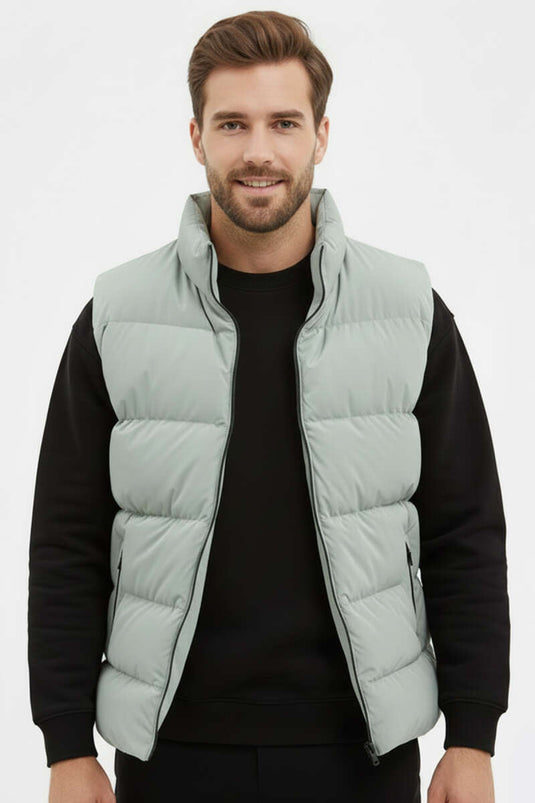 Zipper Pocketed Men's Padded Vest Olive Green