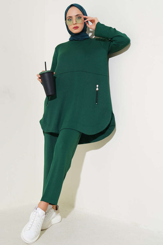 Zipper Pocket Tunic Two Piece Set Emerald