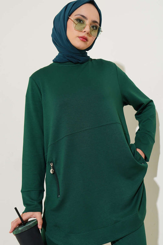Zipper Pocket Tunic Two Piece Set Emerald