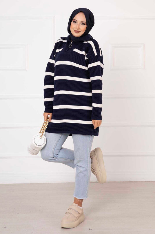 Tunique Rayée Détail Fermeture Éclair Bleu Marine