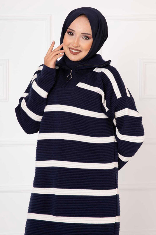 Tunique Rayée Détail Fermeture Éclair Bleu Marine