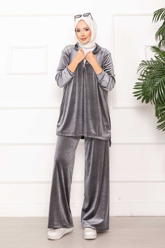 Velvet Two-Piece Suit with Zipper Detail in Gray