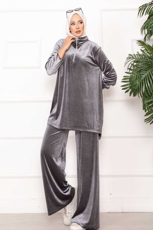Velvet Two-Piece Suit with Zipper Detail in Gray