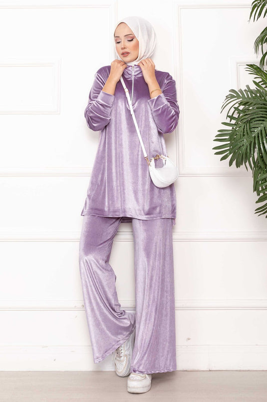 Velvet Two-Piece Suit with Zipper Detail, Lilac
