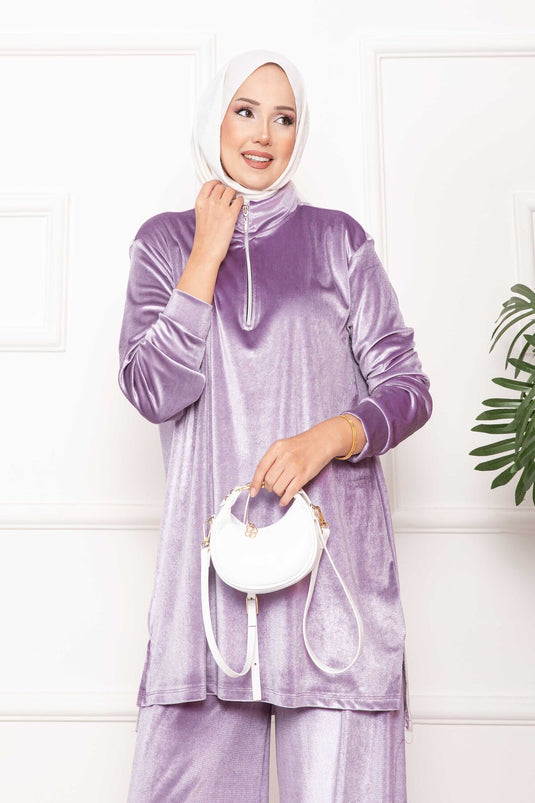 Velvet Two-Piece Suit with Zipper Detail, Lilac