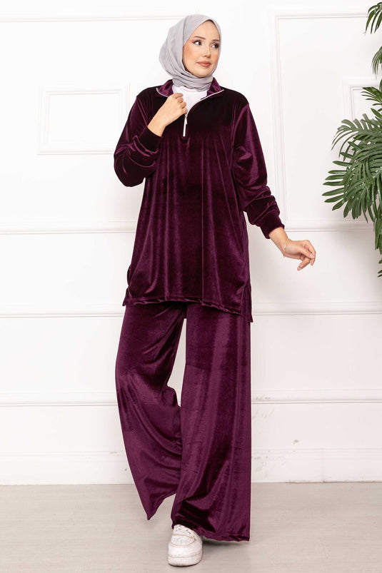 Velvet Two-Piece Suit with Zipper Detail, Plum