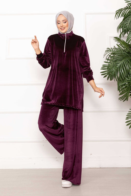 بدلة مخملية من قطعتين مع تفاصيل سحاب، لون أرجواني