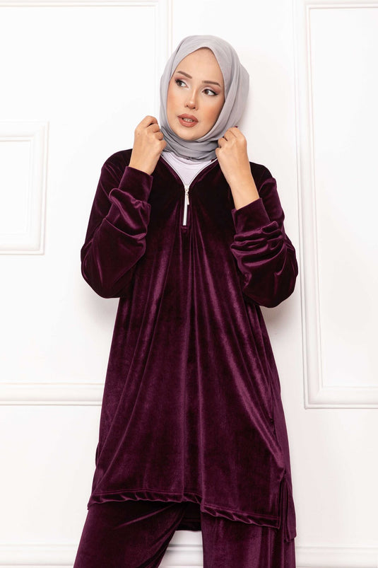 Velvet Two-Piece Suit with Zipper Detail, Plum